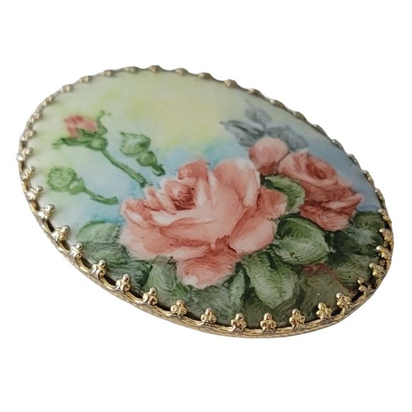 Painted Porcelain Rose Gold Tone Filigree Prong Oval Brooch E497 - Picture 2 of 7